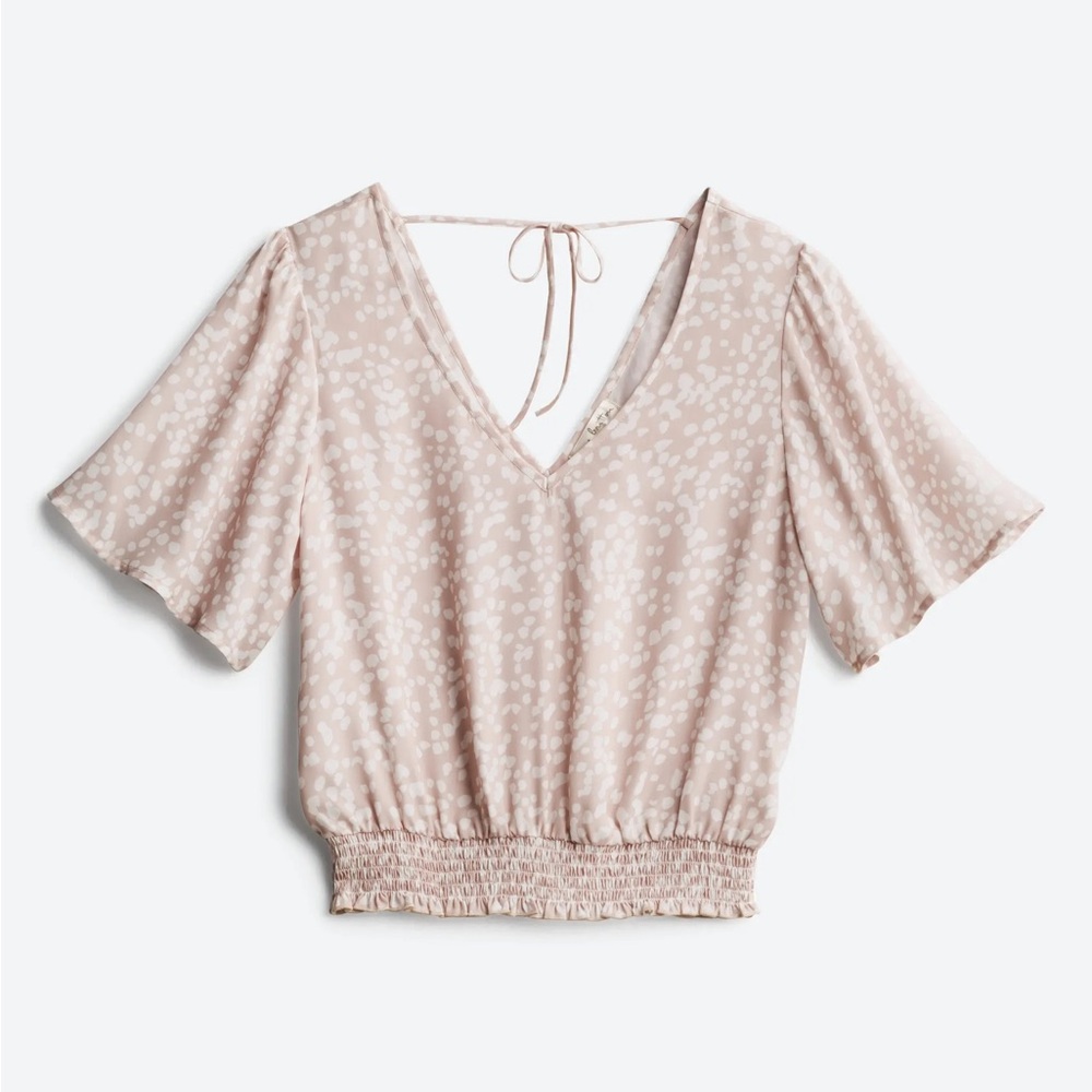 NWT nine britton Smocked Bottom Cropped Blouse - Light Beige/Mauve Polka (S)